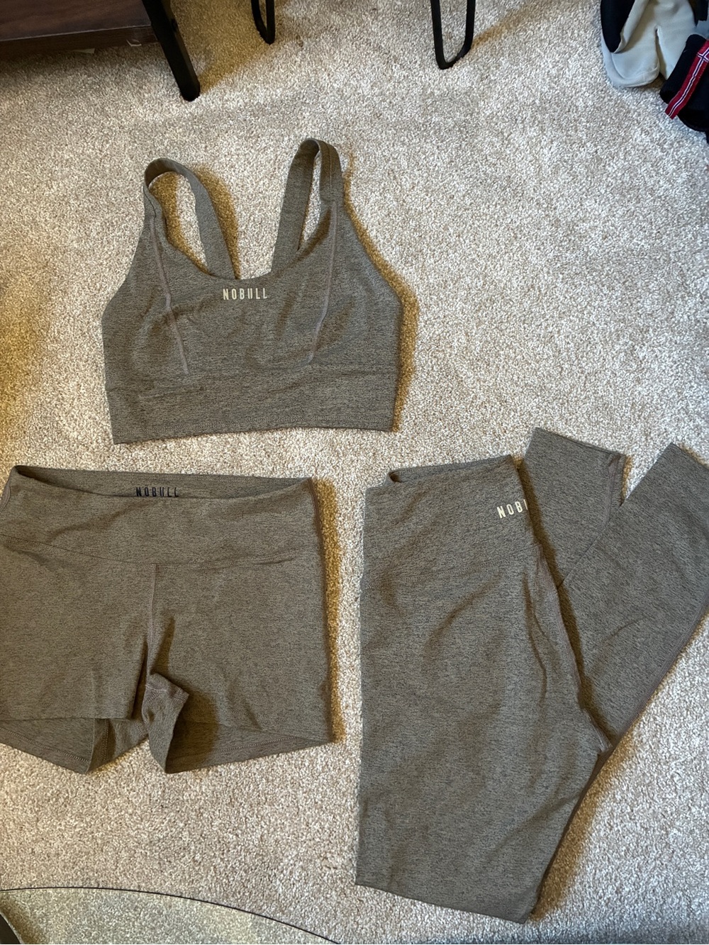 NOBULL Stone/Sand/Olive-ish Sports Bra, Shorts and Leggings Set